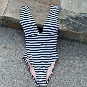 J.Crew Plunging Deep V Striped One Piece Navy & White Swimsuit size 2